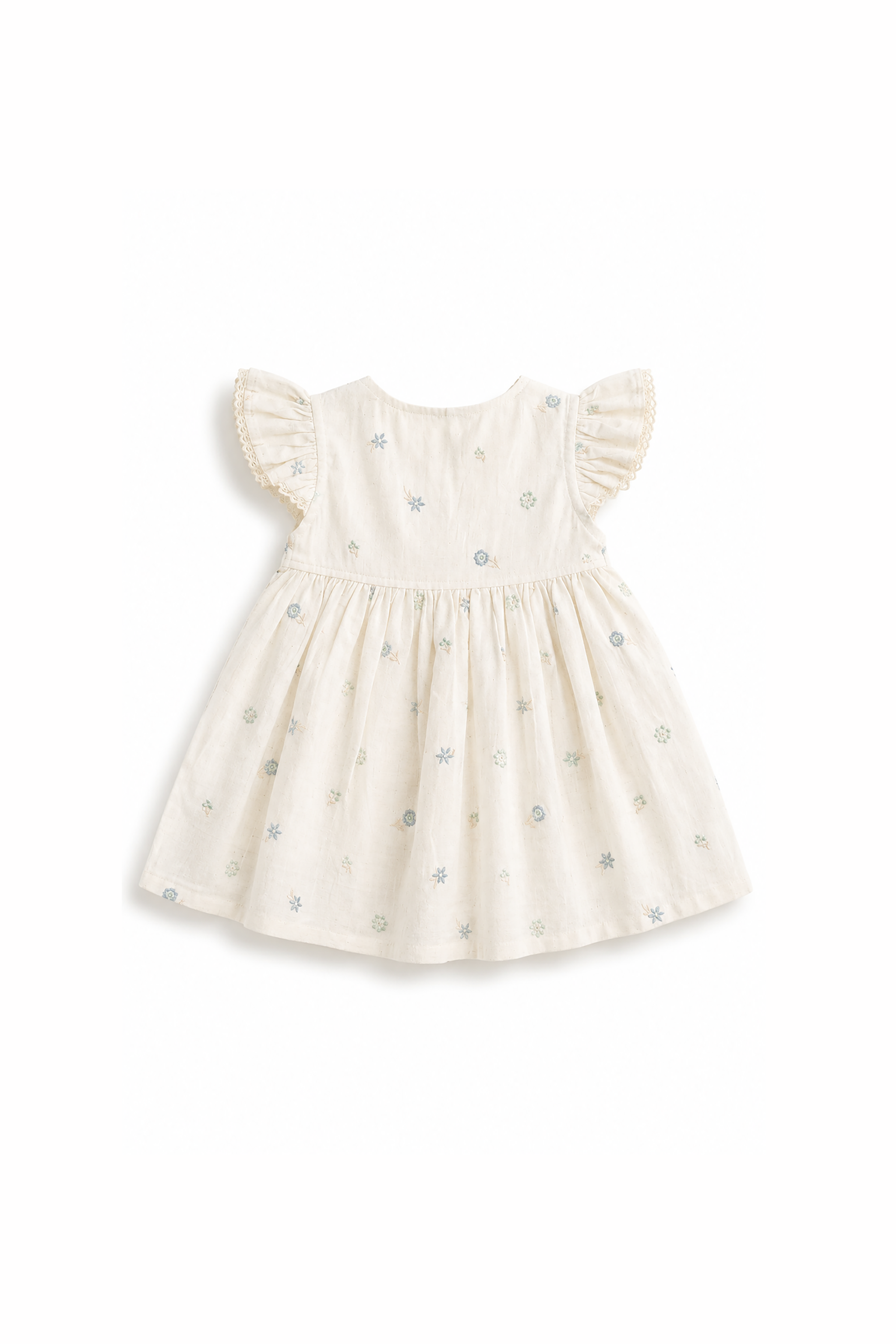 White baby dress with ruffled sleeves on a white background