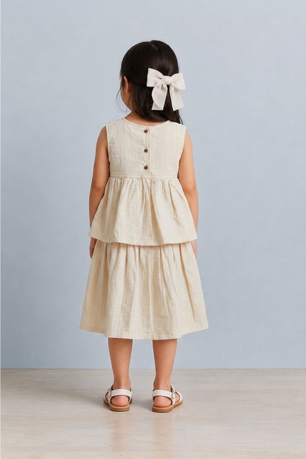 Young girl wearing a beige dress with a plain background