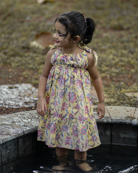 Yellow Pastel Shower - Printed Dress for Girls